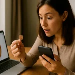 Alt: A woman carefully holds the coin while carefully compares it with the description on the phone.