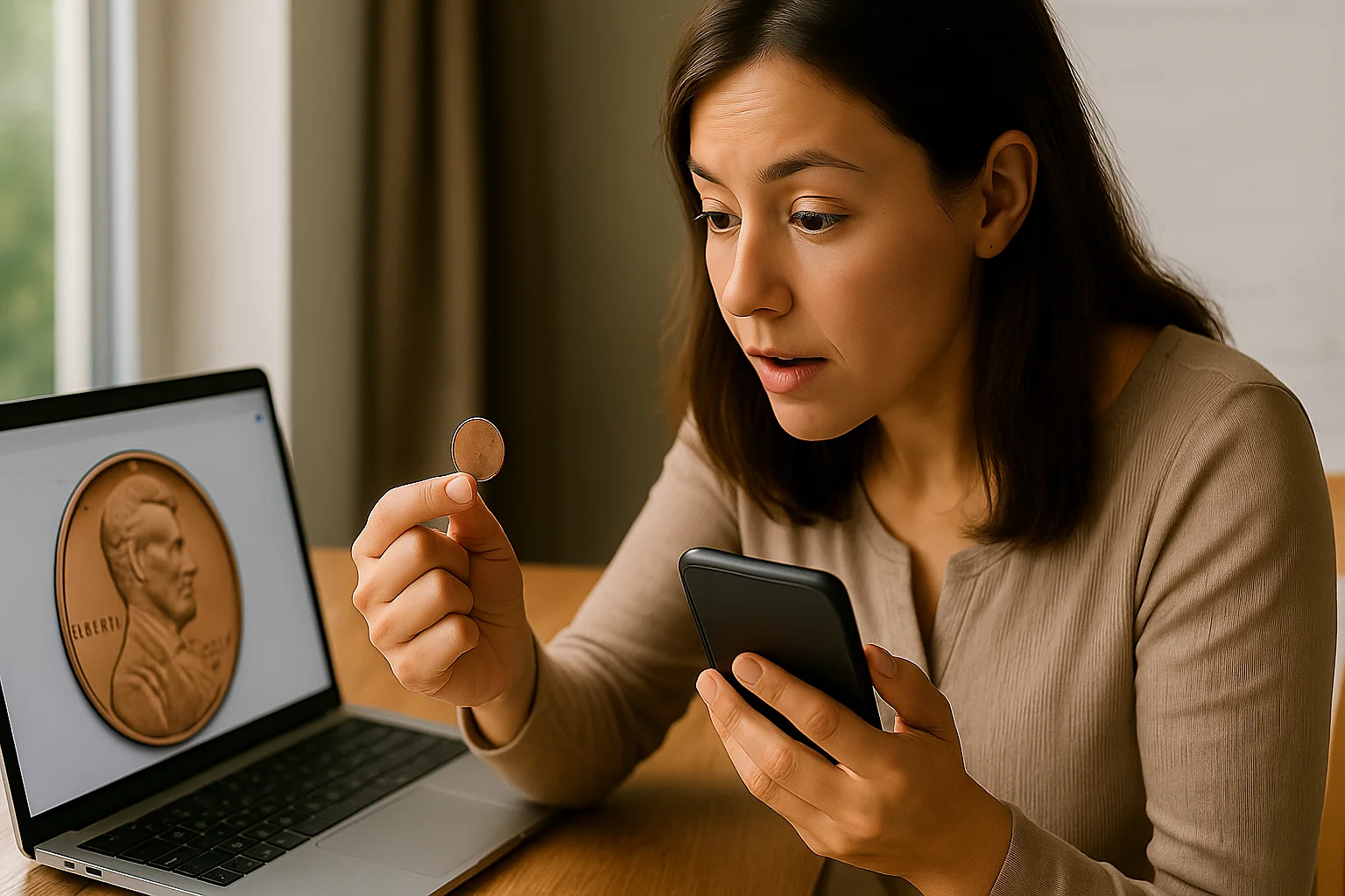 Alt: A woman carefully holds the coin while carefully compares it with the description on the phone.