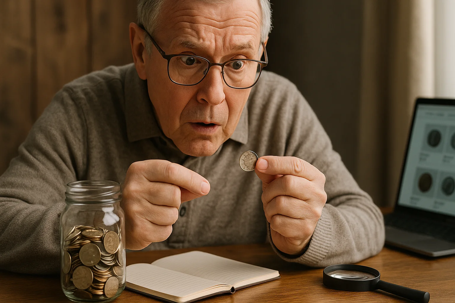 An elderly man counts coins at a wooden table, holding a dime with mild surprise as a notebook, magnifying glass, and coin jar sit nearby.