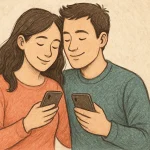 Two people are hugging peacefully while holding smartphones in their hands.