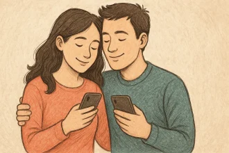 Two people are hugging peacefully while holding smartphones in their hands.