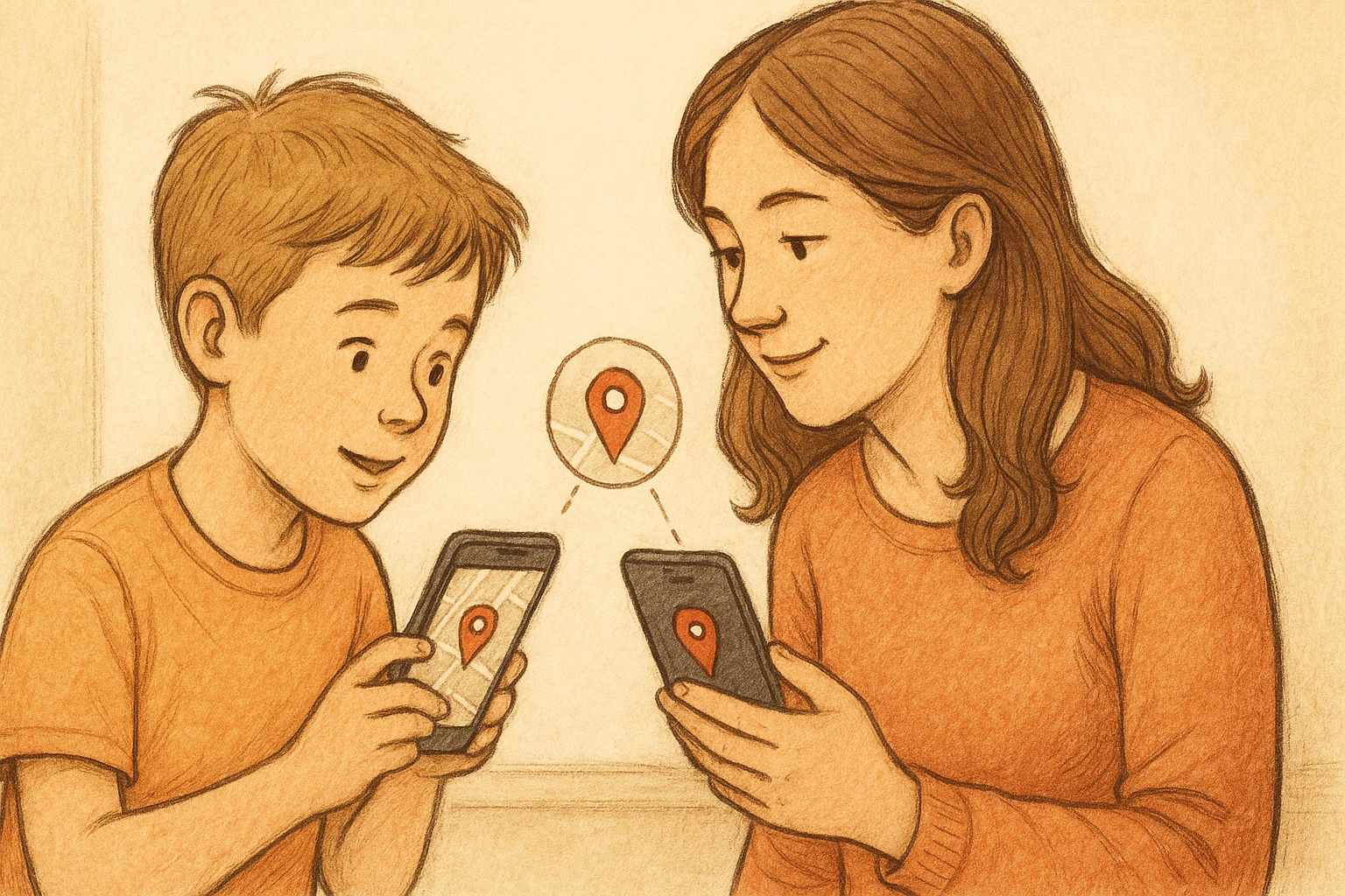 A mother and her kid are connected while digitally sharing their locations.