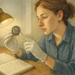 A woman in cloth gloves observes an old quarter.