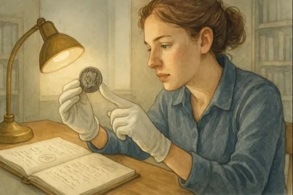 A woman in cloth gloves observes an old quarter.