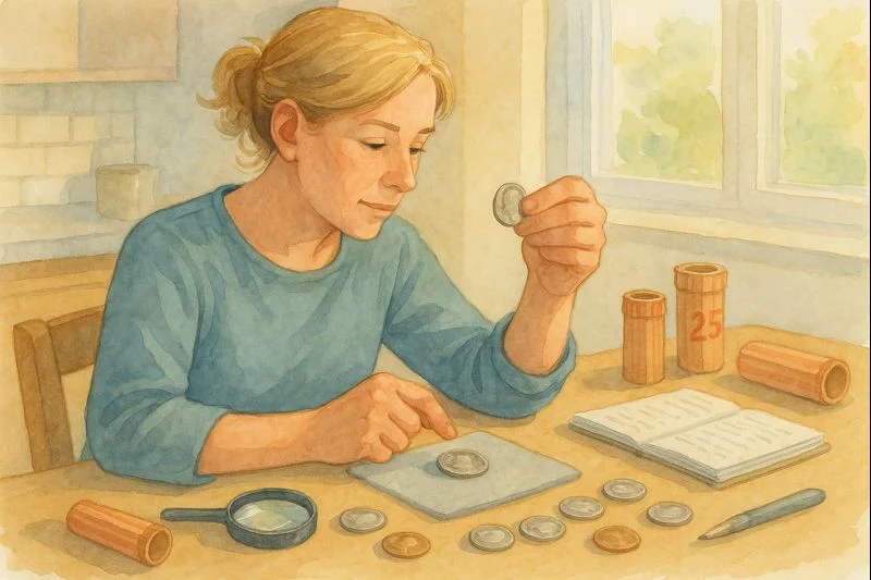 A collector sorts quarters from rolls at the desk at home.