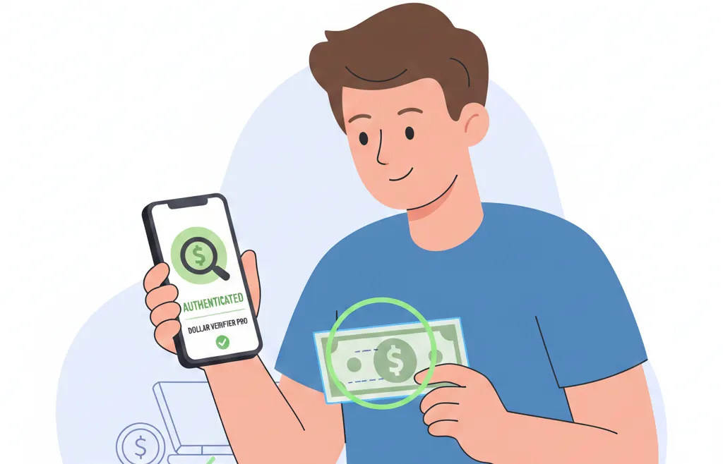 man checking a dollar bill via a coin scanner app