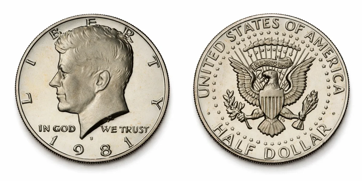 The obverse and reverse of a 1981 Kennedy half dollar.