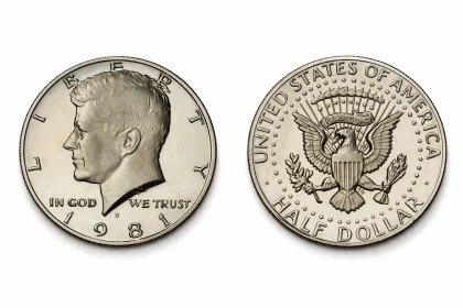 The obverse and reverse of a 1981 Kennedy half dollar.
