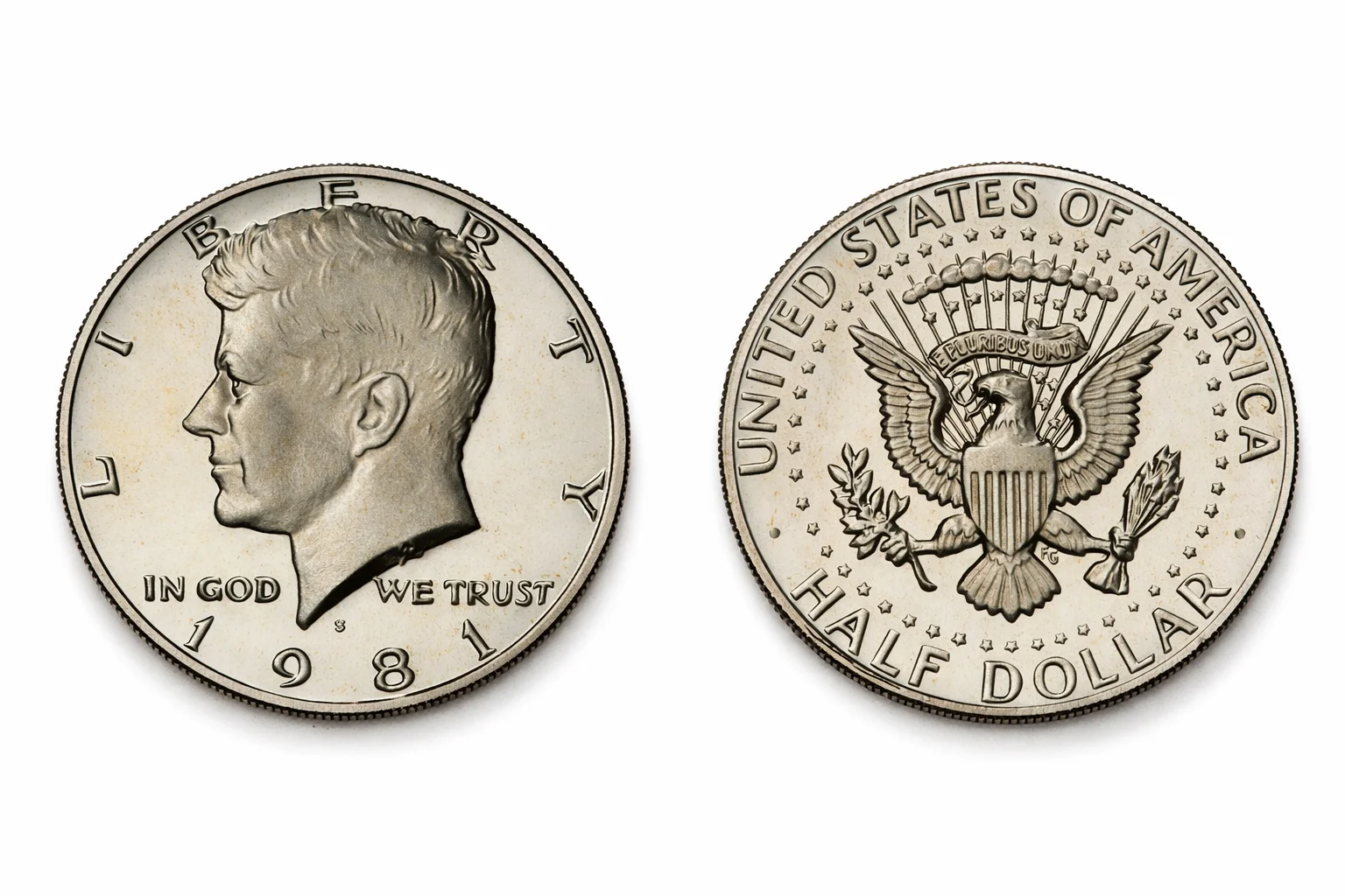 The obverse and reverse of a 1981 Kennedy half dollar.