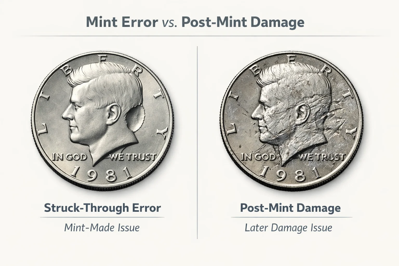 Comparison of a struck-through error and post-mint damage on a 1981 Kennedy half dollar.
